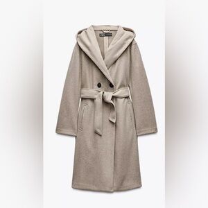 Zara Women's Belted Soft Hooded Coat Beige Overcoat REF 3046/328 Size Large